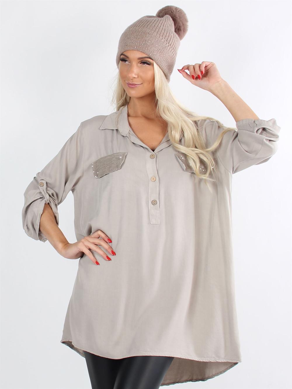 Kayla - Armygrøn skjorte med pailletter på lommerne